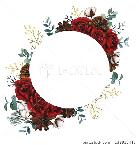 Hand drawn round Christmas frame with red roses, cotton, fir cones, eucalyptus. Watercolor illustration. Hand drawn round Christmas frame with red roses, cotton, fir cones, eucalyptus. Watercolor illustration. 132913413