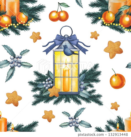 Hand drawn Christmas seamless pattern featuring a vintage lantern, candles, tangerines, and fir branches. Watercolor illustration. Hand drawn Christmas seamless pattern featuring a vintage lantern, candles, tangerines, and fir branches. Watercolor illustration. 132913448