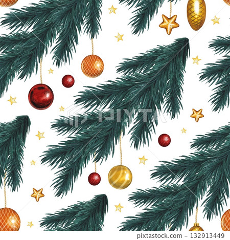 Hand drawn Christmas seamless pattern with fir branches, toys, and stars. Watercolor illustration. Hand drawn Christmas seamless pattern with fir branches, toys, and stars. Watercolor illustration. 132913449