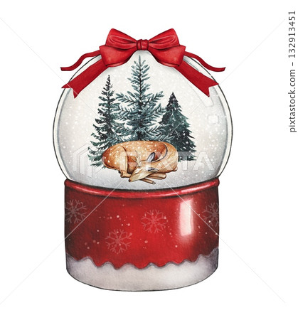 Hand drawn red snow globe with sleeping reindeer in snow covered fir trees, red bow. A Christmas watercolor illustration. Hand drawn red snow globe with sleeping reindeer in snow covered fir trees, red bow. A Christmas watercolor illustration. 132913451