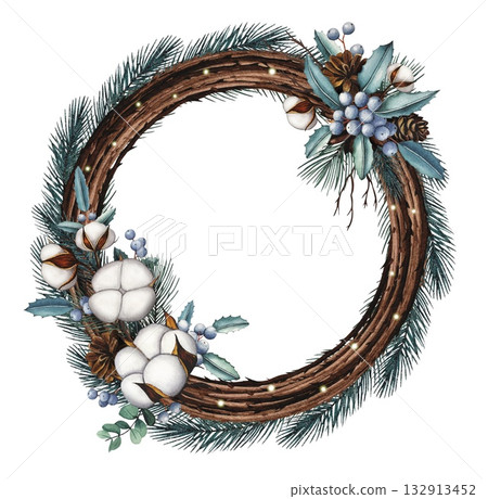 Hand drawn Christmas wreath with tree branches,cotton,blue berries, fir branches. Watercolor illustration. Hand drawn Christmas wreath with tree branches,cotton,blue berries, fir branches. Watercolor illustration. 132913452