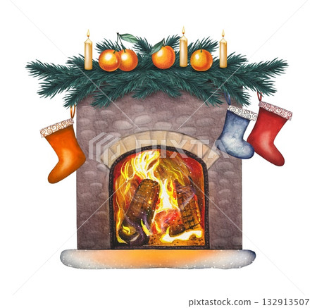 Hand drawn burning fireplace with spruce branches, tangerines. Watercolor illustration. 132913507