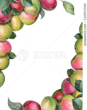 Hand drawn frame with ripe green and pink apples and leaves. Watercolor illustration. 132913508
