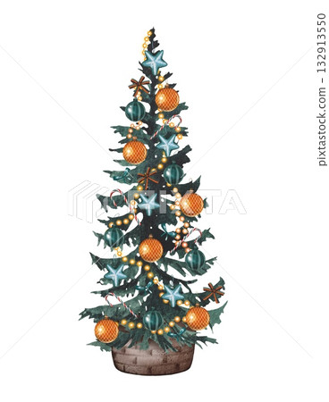 Hand drawn  Christmas tree in basket with blue and orange ornaments. Watercolor illustration. 132913550