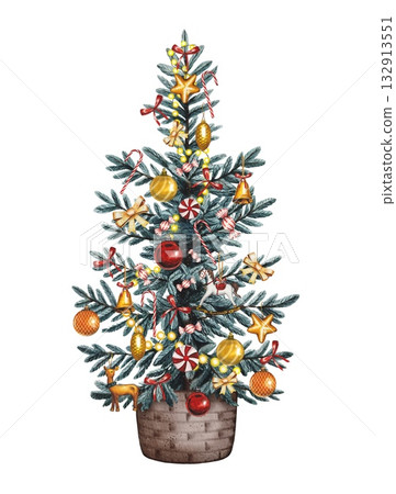Hand drawn decorated Christmas tree in a basket. Watercolor illustration. Hand drawn decorated Christmas tree in a basket. Watercolor illustration. 132913551