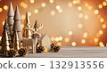 A wooden Christmas scene featuring a reindeer, miniature pine trees, and cones on bokeh background. 132913556
