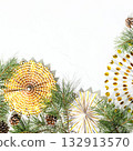 Festive Christmas or New Year Background with Gold Paper Decorations, Pine Branches and Cones on White. Perfect for Holiday Cards, Party Invitations, Website Banners, and Seasonal Branding Materials. 132913570