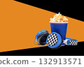 Popcorn Bucket And Checkered Headphones On Bold Graphic Background For Concepts Of Movie Night, Streaming Entertainment, Youth Culture, Music And Film Promotions, And Trendy Visuals For Digital Media 132913571