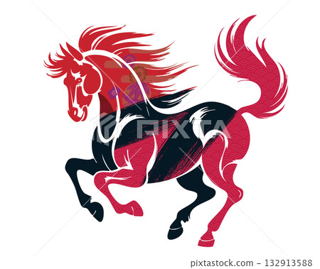 Japanese horse illustration (Year of the Horse, Zodiac sign) Powerful red and black silhouette and Seigaiha pattern 132913588