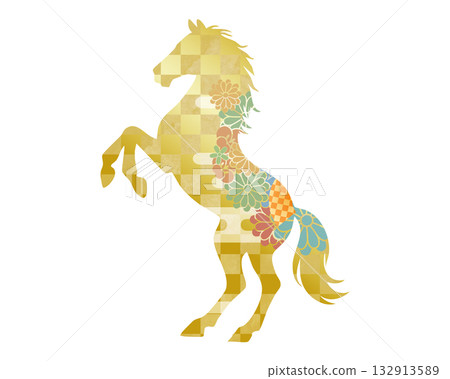 Japanese horse pattern illustration material (Year of the Horse, Zodiac, New Year) Golden checkered and floral pattern 132913589