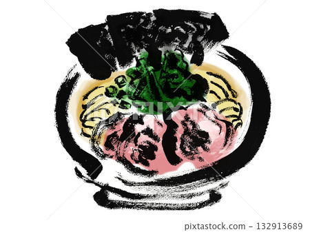 Japanese-style brush-drawn illustration of Iekei Ramen Japanese-style brush-drawn illustration of Iekei Ramen 132913689
