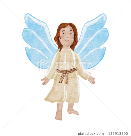 Angel with blue wings in a beige robe. Watercolor illustration isolated on white perfect for Christmas cards, posters, invitations, packaging, Christian projects. Hand painted holiday design element Angel with blue wings in a beige robe. Watercolor illustration isolated on white perfect for Christmas cards, posters, invitations, packaging, Christian projects. Hand painted holiday design element 132913800