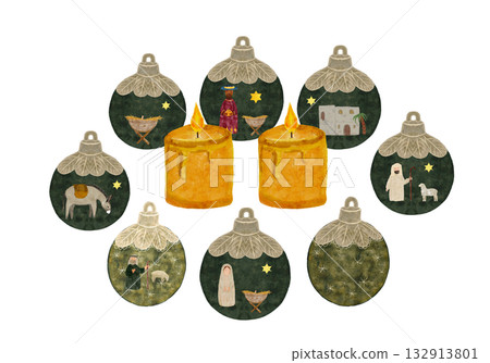 Advent candle ornaments with Nativity scenes, baby Jesus, wise men, shepherds, donkey, Bethlehem, star. Watercolor Christmas frame isolated on white perfect for cards, gift tags, packaging, design Advent candle ornaments with Nativity scenes, baby Jesus, wise men, shepherds, donkey, Bethlehem, star. Watercolor Christmas frame isolated on white perfect for cards, gift tags, packaging, design 132913801