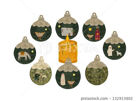 Candle ornaments with Nativity scenes, baby Jesus, wise men, shepherds, donkey, Bethlehem, star. Watercolor Christmas frame isolated on white perfect for cards, gift tags, packaging, Advent designs Candle ornaments with Nativity scenes, baby Jesus, wise men, shepherds, donkey, Bethlehem, star. Watercolor Christmas frame isolated on white perfect for cards, gift tags, packaging, Advent designs 132913802