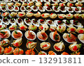 Top view of variety starters and appetizers setting for food reception Top view of variety starters and appetizers setting for food reception 132913811
