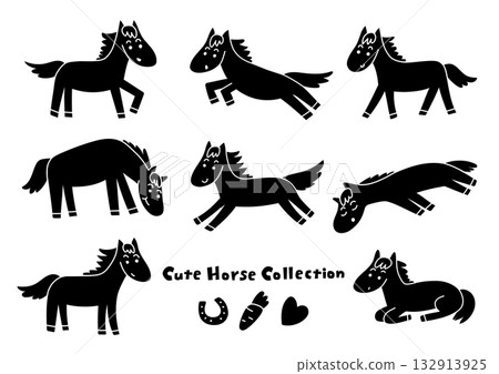 一系列姿態各異的可愛馬匹單色插畫。 132913925