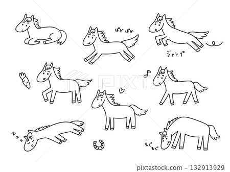 可愛的手繪馬匹插畫集（線描） 132913929