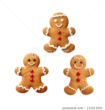 一組3個逼真的薑餅餅乾。可愛的聖誕素材。透明背景PNG格式。 一組3個逼真的薑餅餅乾。可愛的聖誕素材。透明背景PNG格式。 132913945