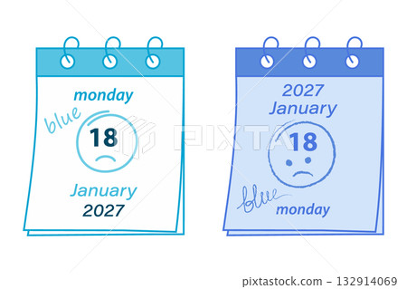 2027 January,18 Blue Monday Date with Text Blue and Hand Drawn Sad Smiley Face Motivation Design Set 132914069