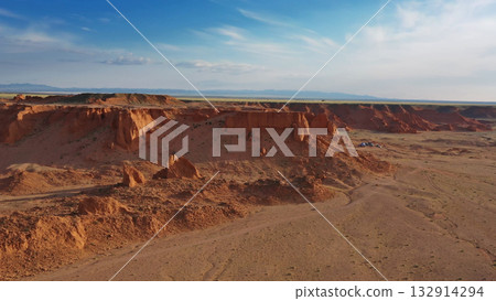 Bayanzag flaming cliffs at sunset in Mongolia 132914294