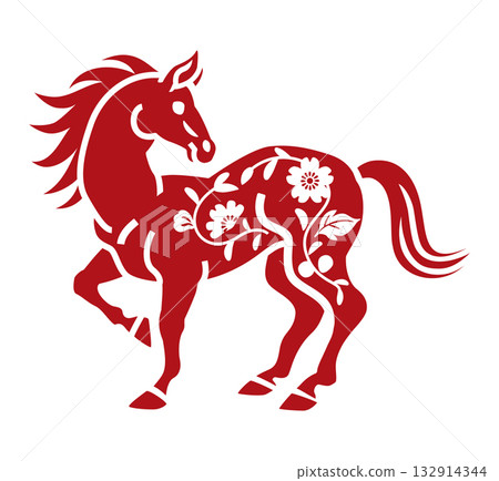 2026年中國新年馬年設計素材 - 回望馬花卉圖案複合路徑 132914344