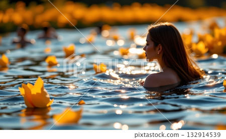 A person swimming in a lake filled with floating yellow leaves. A person swimming in a lake filled with floating yellow leaves. 132914539
