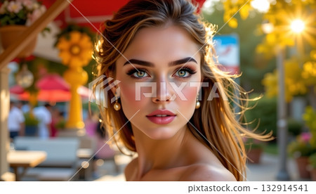 A young woman with striking makeup and piercing blue eyes A young woman with striking makeup and piercing blue eyes 132914541