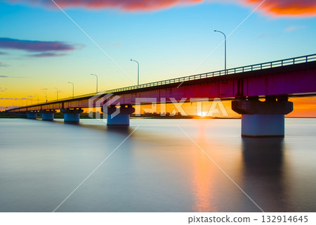 Beautiful sunrise over the Abukuma River and Watari Bridge 132914645