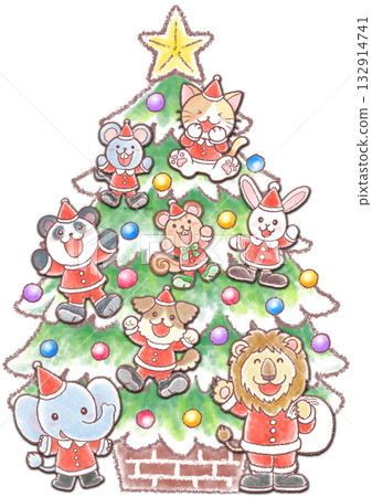 樹上裝飾著穿著聖誕服裝的可愛動物 樹上裝飾著穿著聖誕服裝的可愛動物 132914741