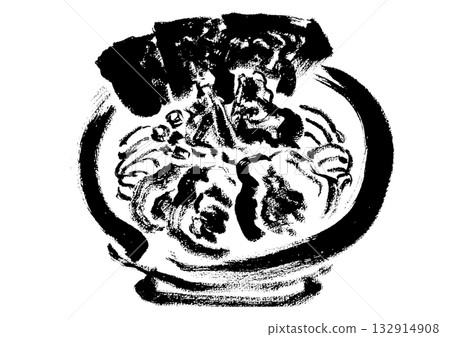 Japanese-style brush-drawn illustration of Iekei Ramen (monochrome) 132914908