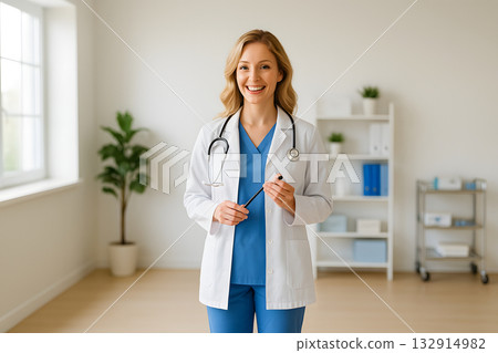 A Western female nurse holding a stethoscope and explaining 132914982