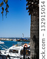 A Serene Maritime Scene Featuring Boats and a Lighthouse Against a Clear Blue Sky with Lush Palm Fronds in the Foreground 132915054