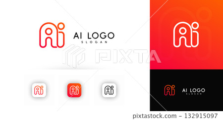AI logo icon label sign linear logotype template for digital startup, techno business, technological service app. Outline emblem concept, artificial intelligence technologies pictogram. Vector logos 132915097