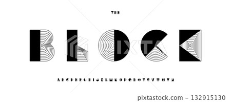 Block font logo alphabet geometric typography with lines square triangle rectangle circle shape lettering for abstract title text, modern architect poster headline, creative branding. Vector typeset 132915130