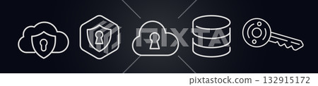 Cloud security icons with shields, locks, database, and key symbols. Represent data protection, encryption, server access, online privacy. Minimal line outline style. Vector illustration. Cloud security icons with shields, locks, database, and key symbols. Represent data protection, encryption, server access, online privacy. Minimal line outline style. Vector illustration. 132915172