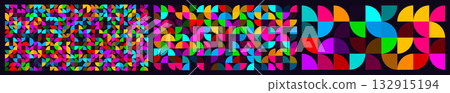 Bauhaus Memphis Mosaic Background Texture, Colorful Geometric Semicircle Repeating Shapes Tiles Pattern, Abstract Puzzle BG for Cover, App, Web, UI, Packaging, Wrapping, Wallpaper. Vector Backdrop 132915194