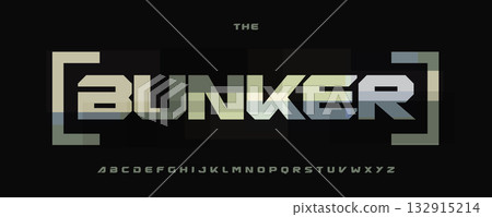 Military tactical display font, square angular wide alphabet, strong headline typeface for gaming, esports, posters, logos, branding, UI. Display Fonts for titles, gaming brands. Vector typeset 132915214