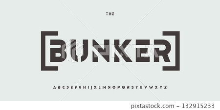 Bunker Stencil Font, Industrial Block Alphabet, Urban Geometric Letters, Bold Rust Industrial Type for Military Game Logo, Cargo, Emergency, Defence Text Title, Survival Typography. Vector Typeset 132915233