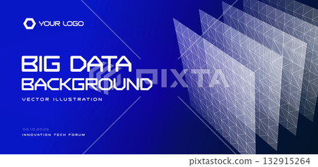 Big data background, layered polygon mesh panels in blue tech style. For analytics dashboard, report, website header, conference banner. Big data visual for AI and data science. Vector illustration 132915264