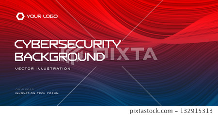 Cyber Big Data flow with red-blue tech waves, neural network vibe. For SOC reports, IT compliance decks, website, conference banner. Cybersecurity solutions and security systems. Vector illustration 132915313