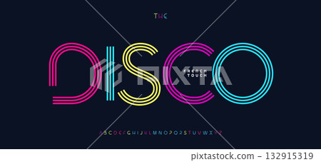 Retro disco font, line logo alphabet, stripe letter for abstract technology headline, vintage disco poster, party vintage banner, bauhaus modern typographic design. Vector typeset 132915319