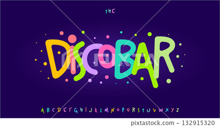 Quirky bouncy font logo alphabet festive disco playful typography, rounded witty lettering for kids birthday, carnival poster, joyful funny headlines, creative party title text. Vector colour typeset 132915320