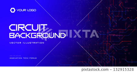 Circuit technology background with red and blue PCB lines and nodes on dark gradient. Electronics hardware, microchip schematic pattern. Circuit designs for tech semiconductor. Vector illustration Circuit technology background with red and blue PCB lines and nodes on dark gradient. Electronics hardware, microchip schematic pattern. Circuit designs for tech semiconductor. Vector illustration 132915328