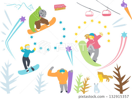 Young people competing in snowboarding in the winter outdoors 132915357