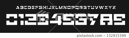 Futuristic geometric font, squared cutout alphabet, bold cut techno typeface, sci-fi logo numbers, cyber UI style numeric, digital HUD visuals, robotic interface typographic design. Vector typeset Futuristic geometric font, squared cutout alphabet, bold cut techno typeface, sci-fi logo numbers, cyber UI style numeric, digital HUD visuals, robotic interface typographic design. Vector typeset 132915399
