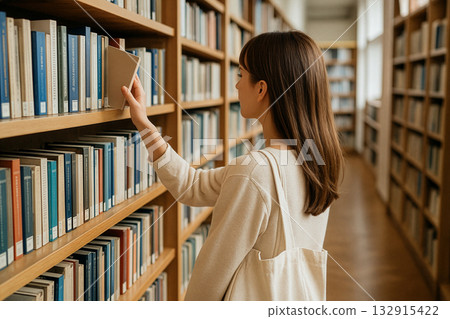 Rear view of a woman searching for a book on a bookshelf 132915422