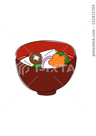 手繪的日式料理（Ozoni）插圖，紅色碗和食材，簡單的線條畫。 132915705