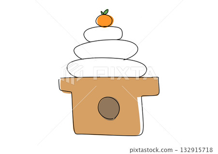 三層鏡餅（年糕）－一幅隨意手繪的極簡主義新年裝飾插圖 132915718