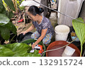 An Asian woman washes clothes by hand in a basin 132915724