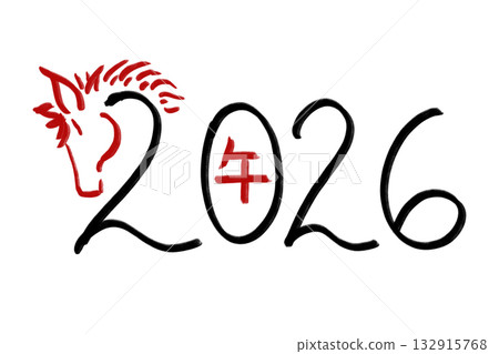 手繪插圖，包括數字 2026、漢字「馬」以及馬的側面像（變體 2） 132915768